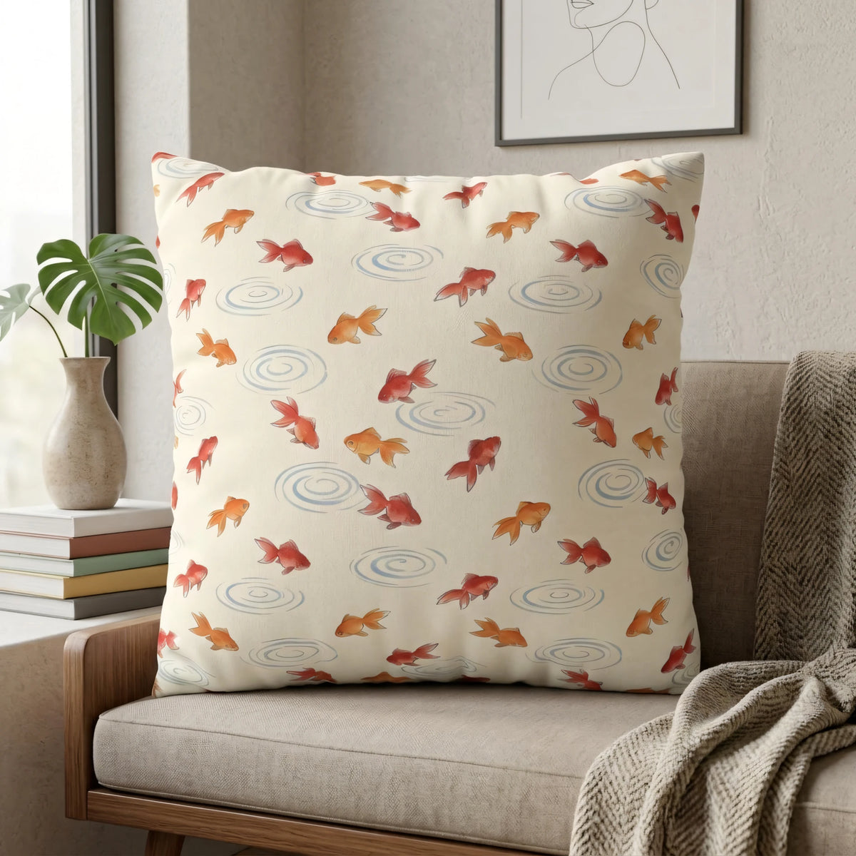 Watercolor Kingyo Goldfish Pillow Cover, lifestyle view.