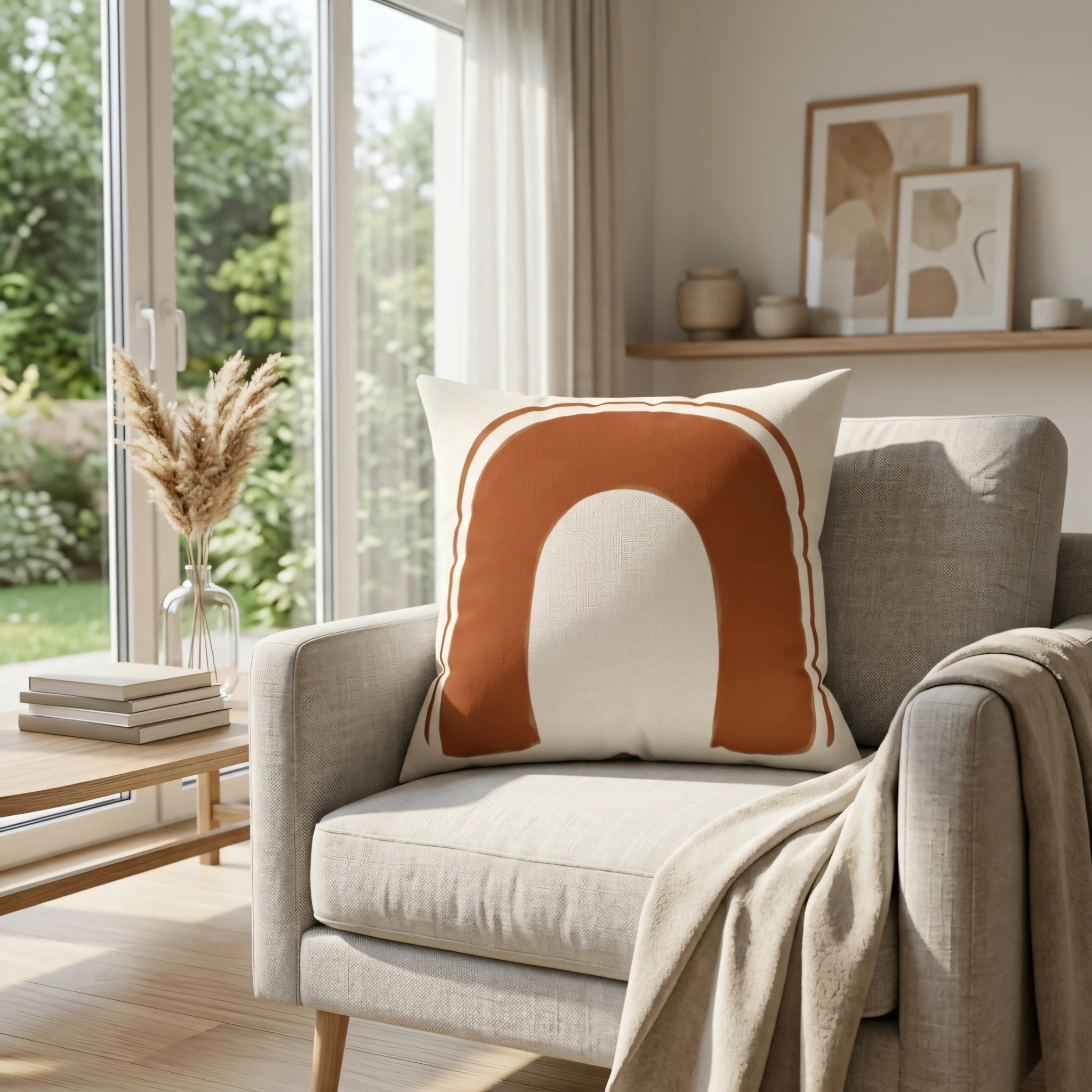 Cream throw pillow with a terracotta abstract arch pattern on a grey armchair in a bright, sunlit living room with pampas grass.