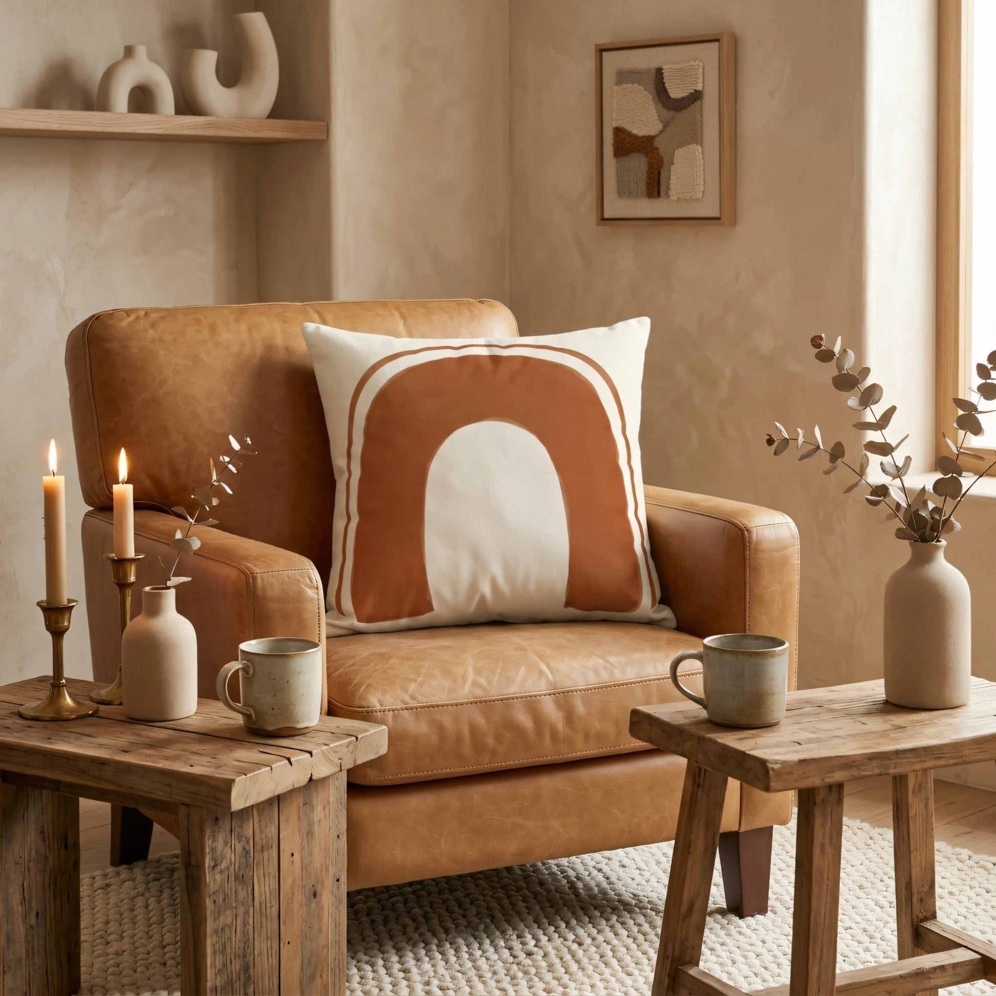 Modern abstract arch throw pillow on a tan leather armchair in a cozy earthy living room setting with candles and rustic wood decor.