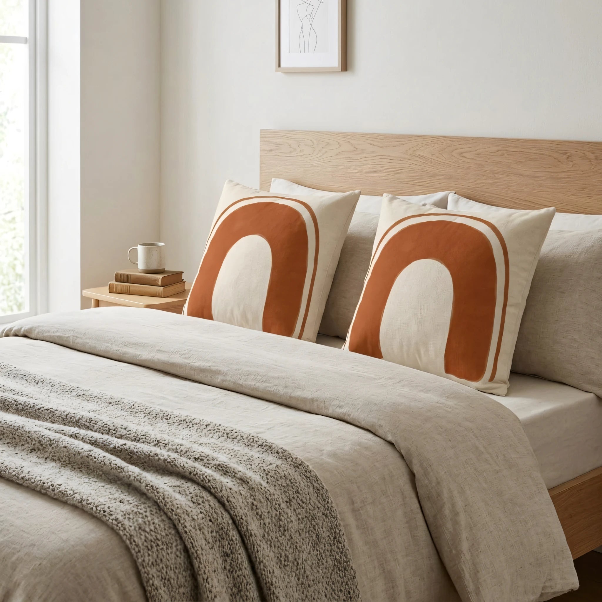 Two decorative cushions with terracotta arch designs on a beige linen bed with a wooden headboard in a minimalist bedroom lifestyle shot.