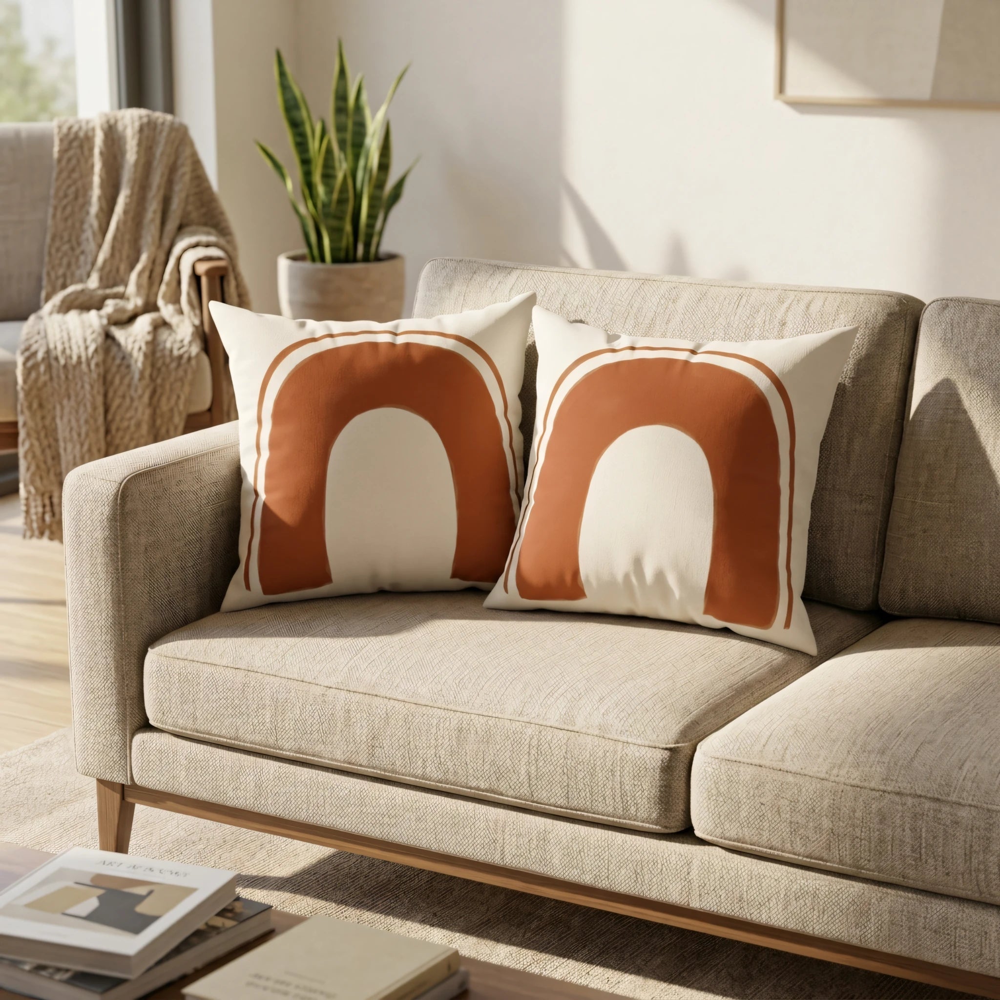 Two decorative throw pillows featuring a burnt orange arch pattern on a beige fabric sofa in a bright, minimalist living room setting.