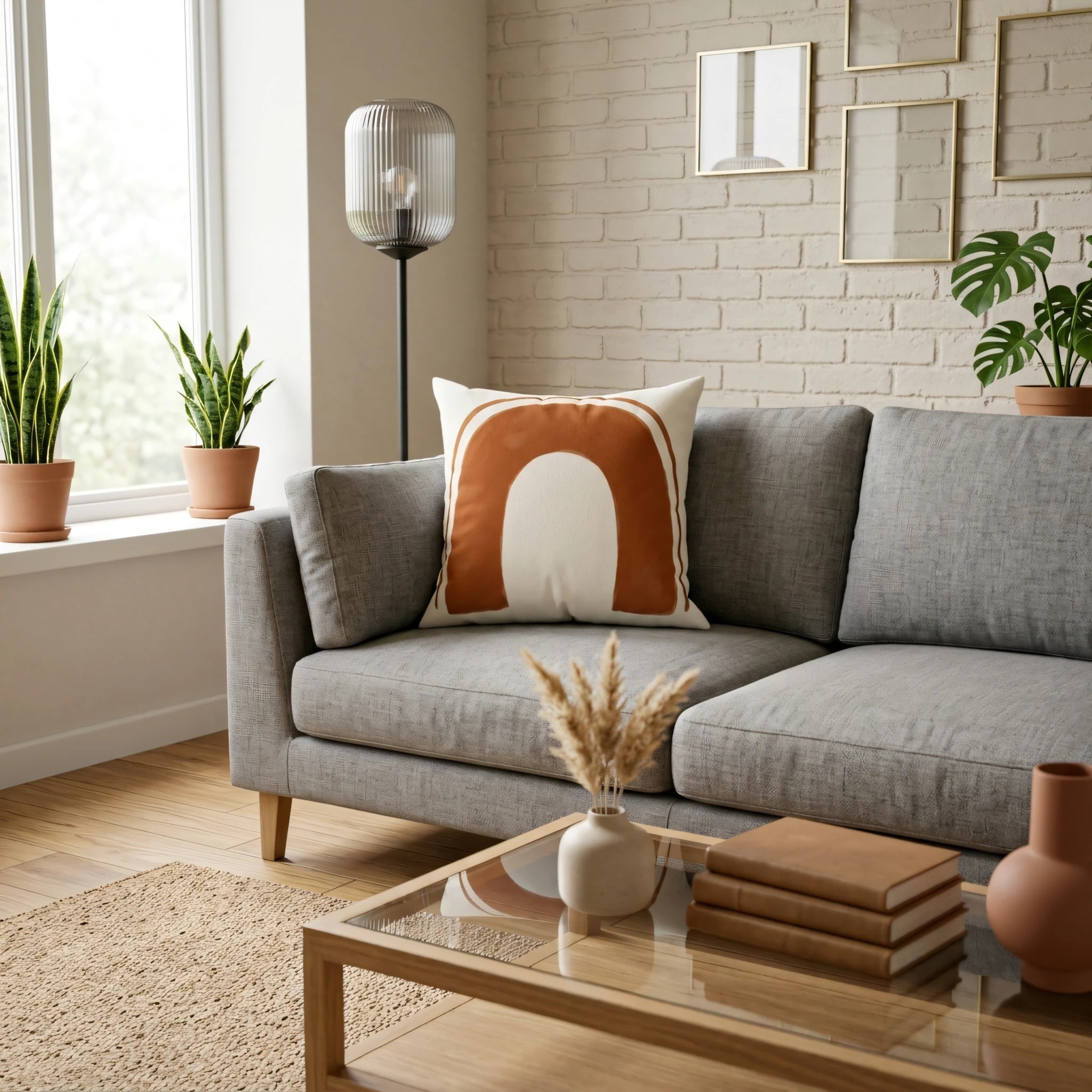 Modern terracotta arch throw pillow on a grey sofa in a bright living room with brick walls and indoor plants.
