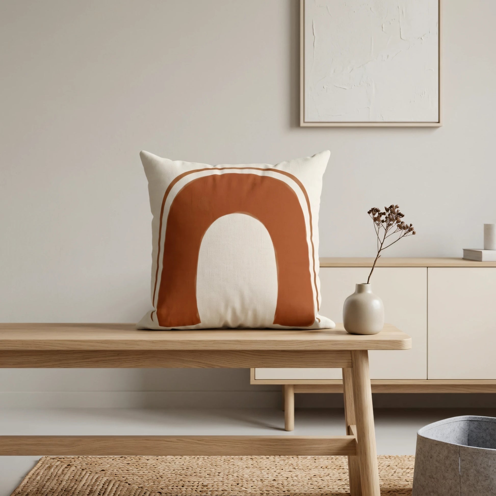 Terracotta arch pattern cushion on a wooden bench in a minimalist interior with neutral tones, a light wood sideboard, and simple wall decor.
