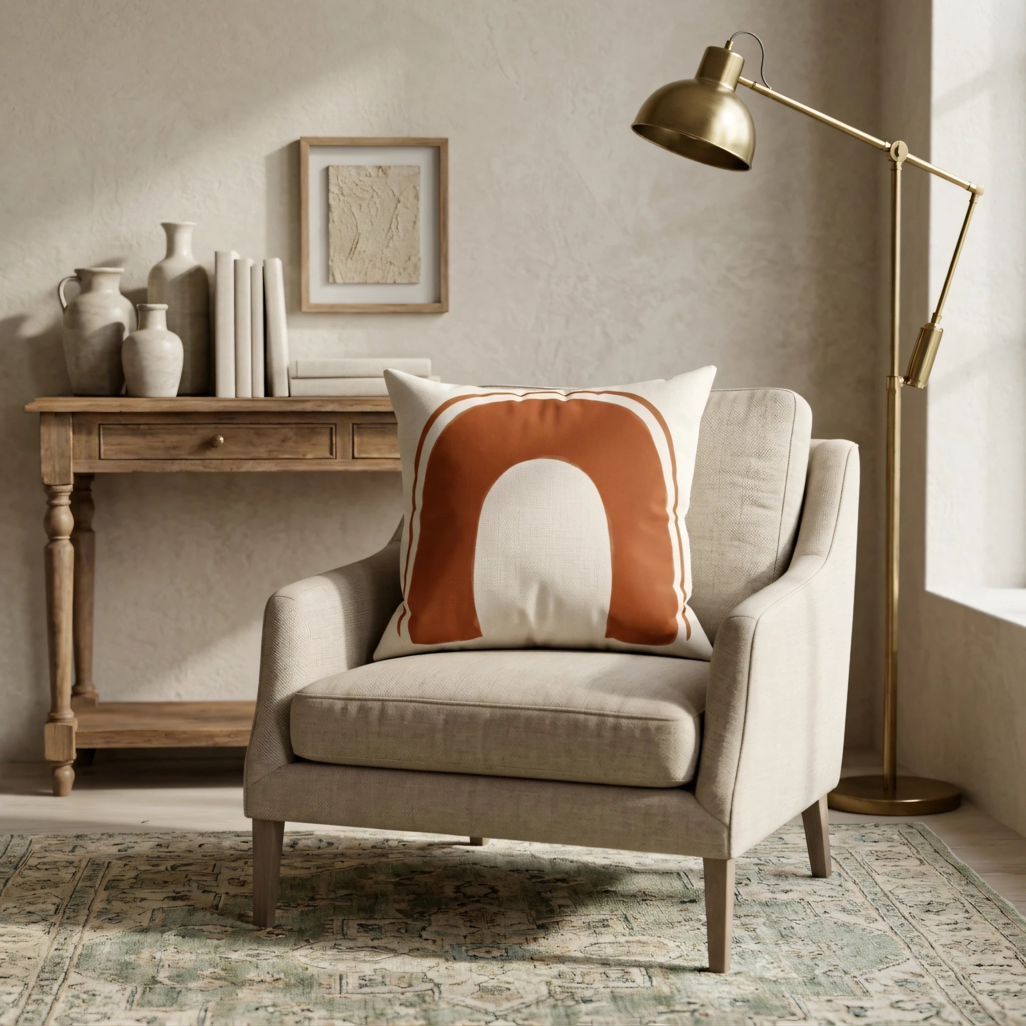 Terracotta arch pattern pillow on a neutral armchair in a minimalist living room with a gold floor lamp and rustic wood table.