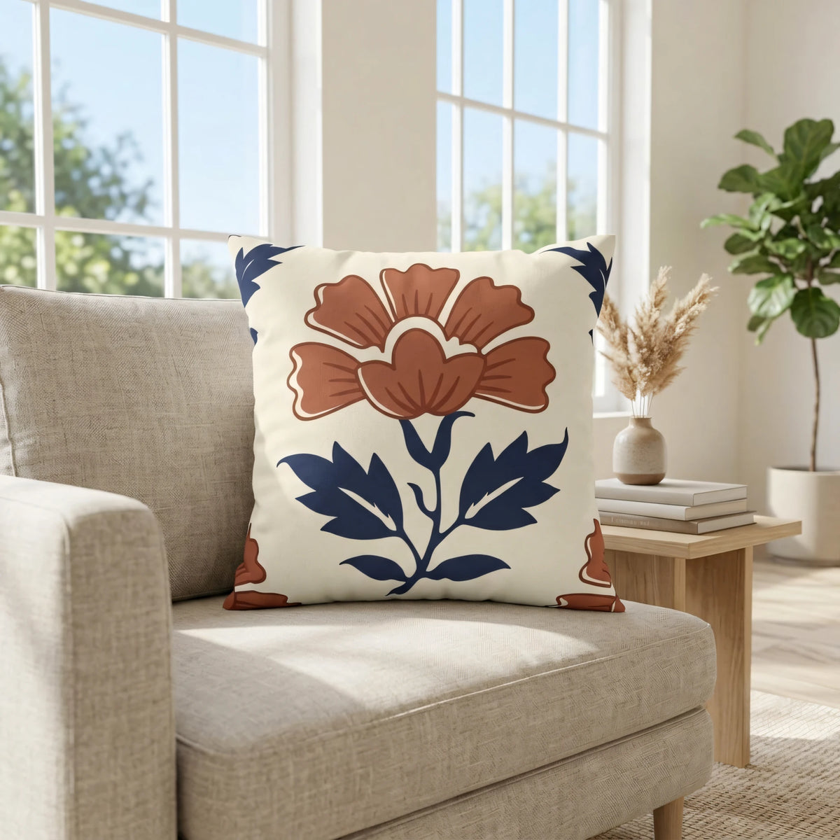 Indigo Flower Woodblock Cushion Cover, lifestyle view.