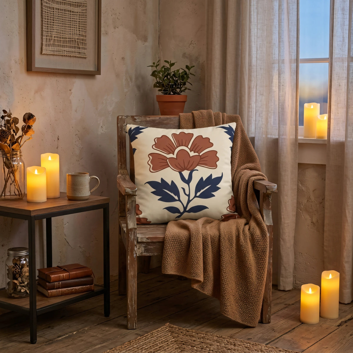 Indigo Flower Woodblock Cushion Cover, lifestyle view.