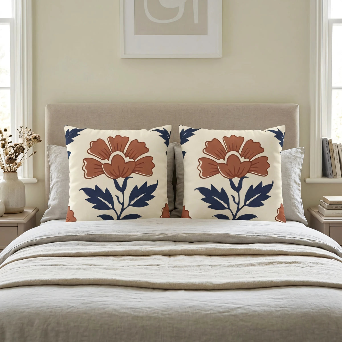Indigo Flower Woodblock Cushion Cover, lifestyle view.