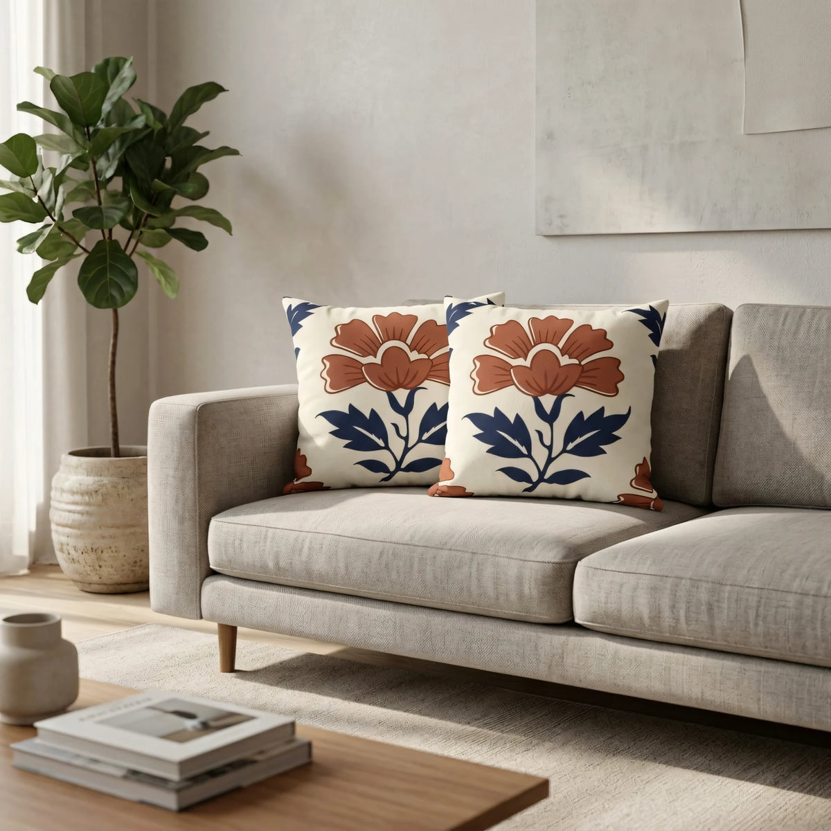 Indigo Flower Woodblock Cushion Cover, lifestyle view.