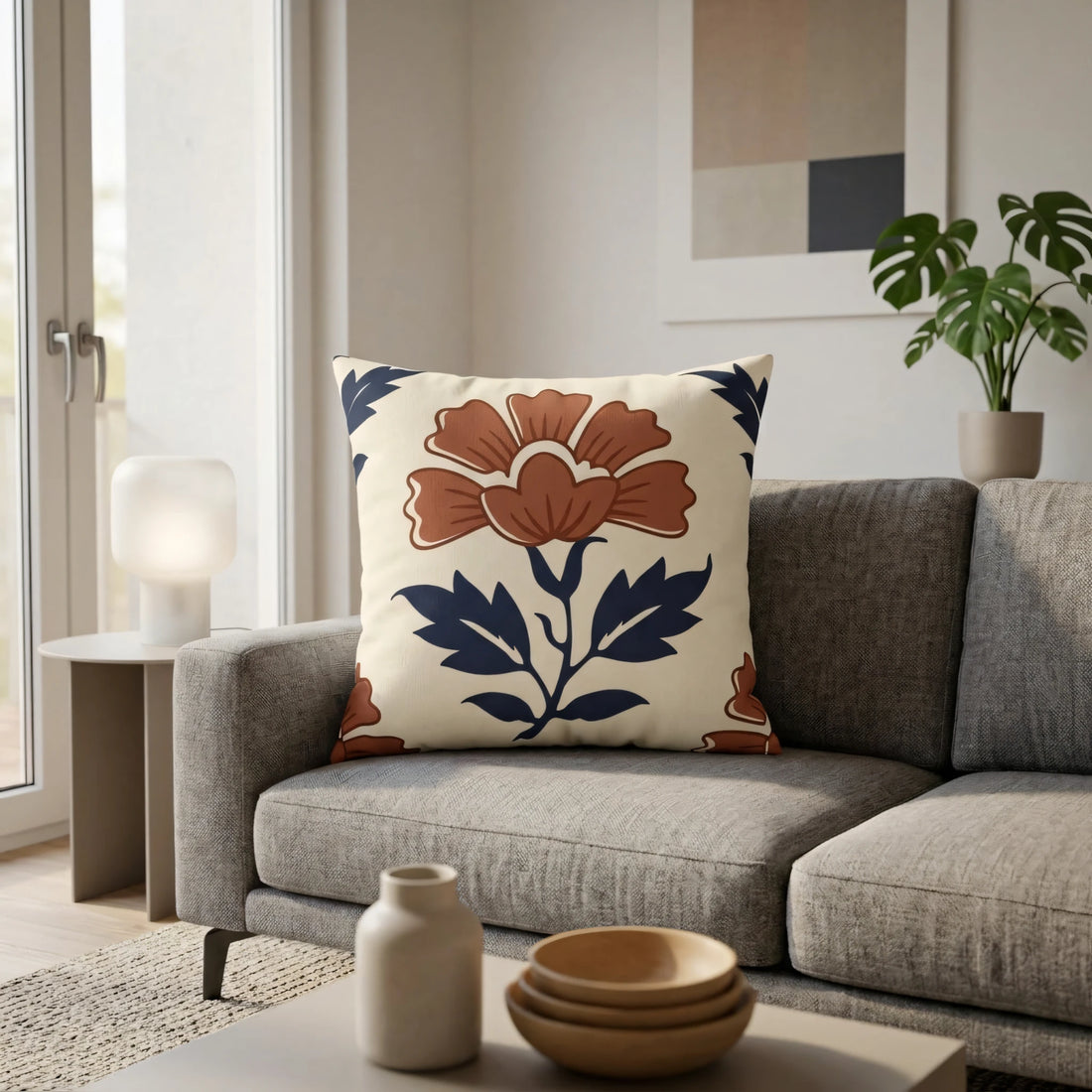 Front view of Indigo Flower Woodblock Cushion Cover on a white background.