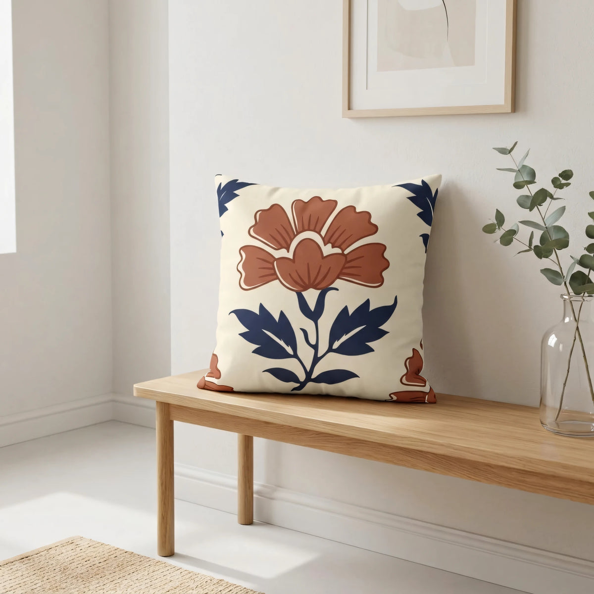 Indigo Flower Woodblock Cushion Cover, lifestyle view.