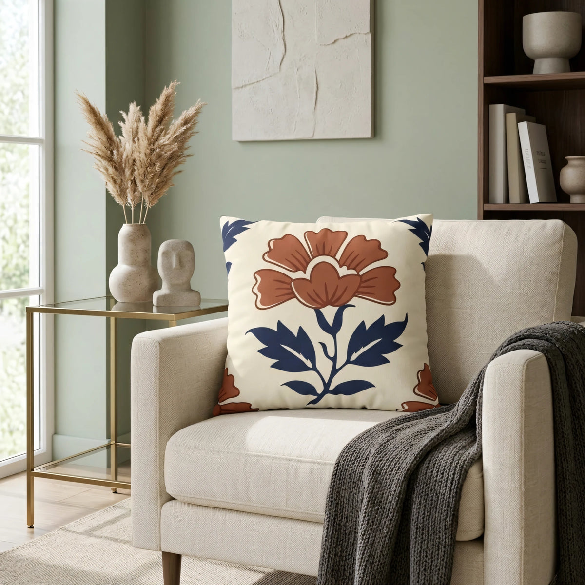 Indigo Flower Woodblock Cushion Cover, lifestyle view.