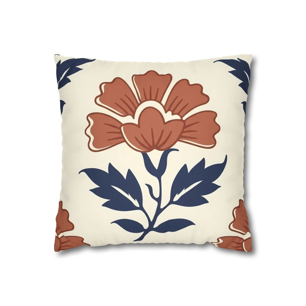Front view of Indigo Flower Woodblock Cushion Cover on a white background.