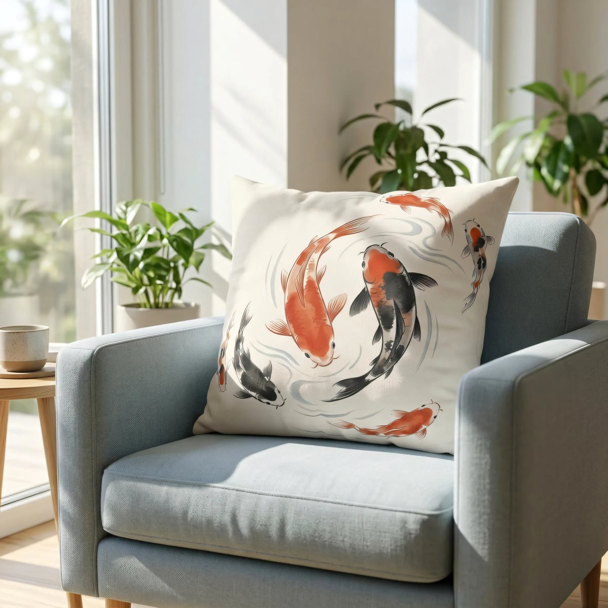 Watercolor Koi Fish Cushion Cover, lifestyle view.
