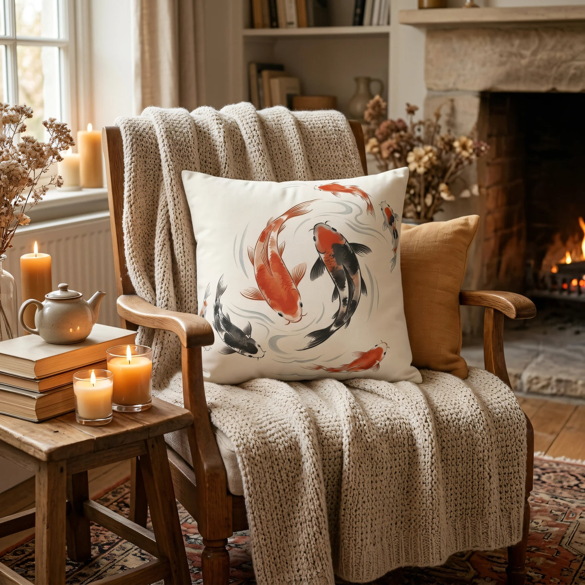 Watercolor Koi Fish Cushion Cover, lifestyle view.