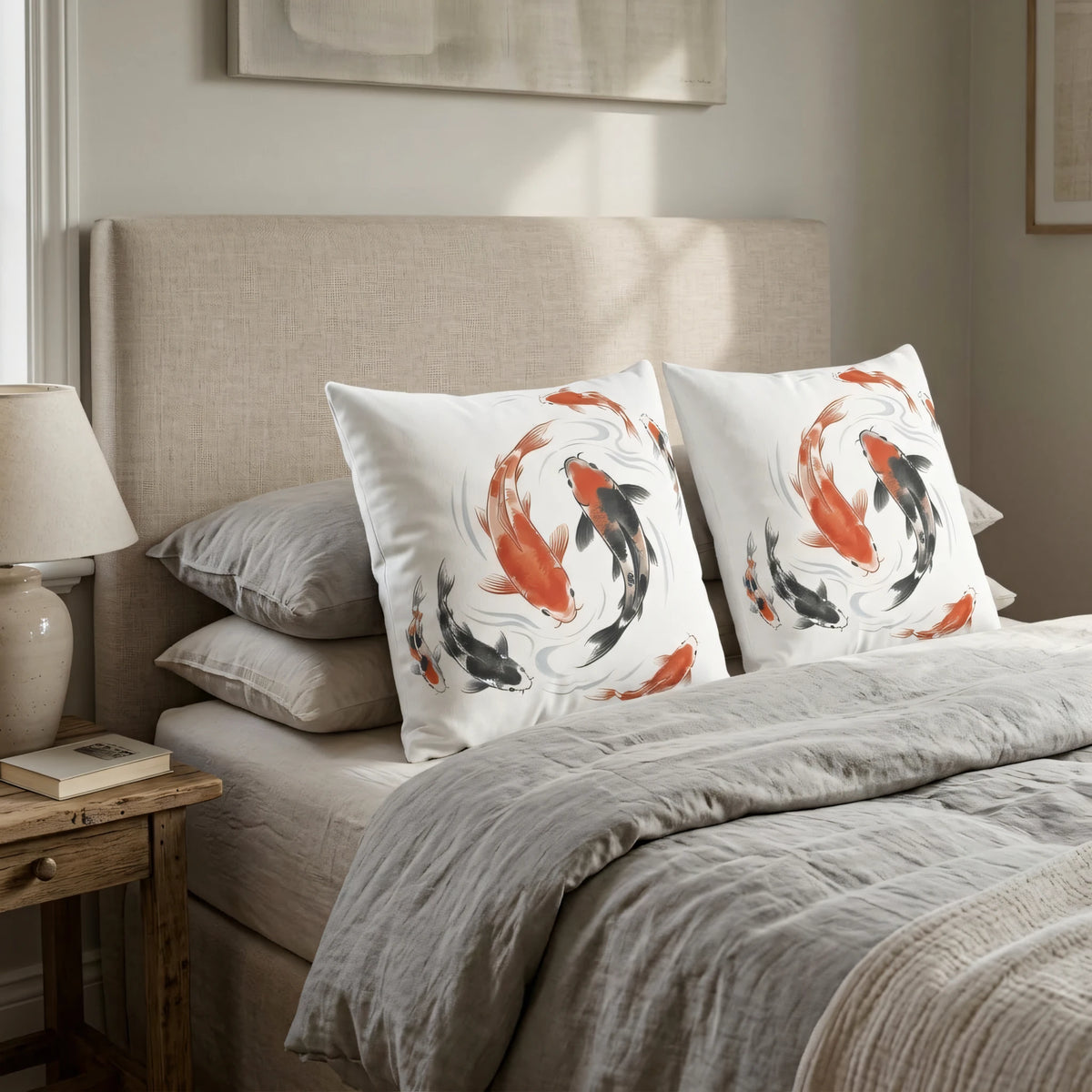 Watercolor Koi Fish Cushion Cover, lifestyle view.