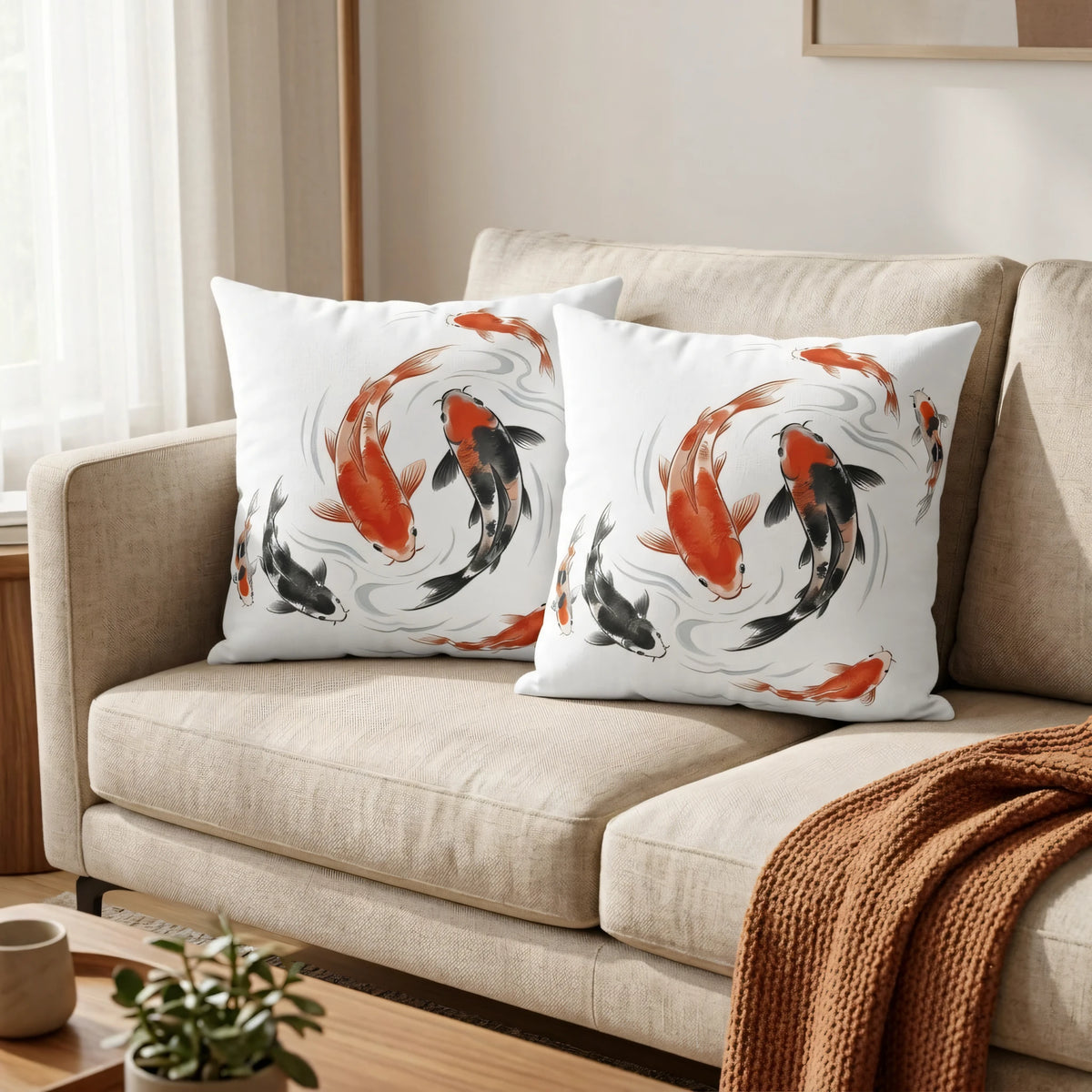 Watercolor Koi Fish Cushion Cover, lifestyle view.