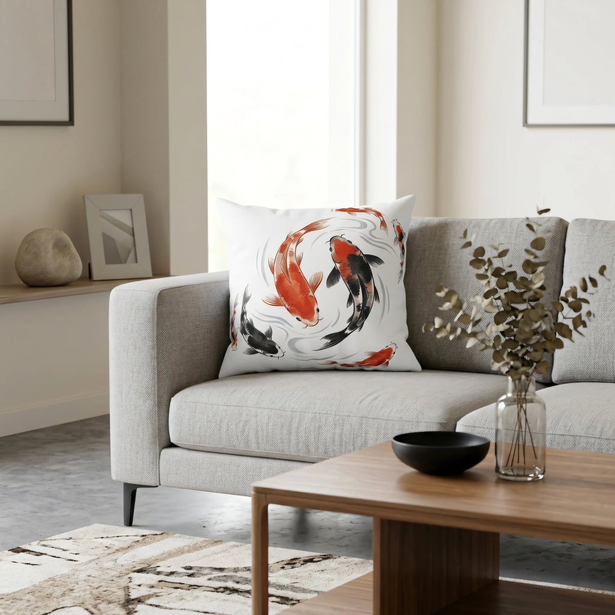 Watercolor Koi Fish Cushion Cover, lifestyle view.