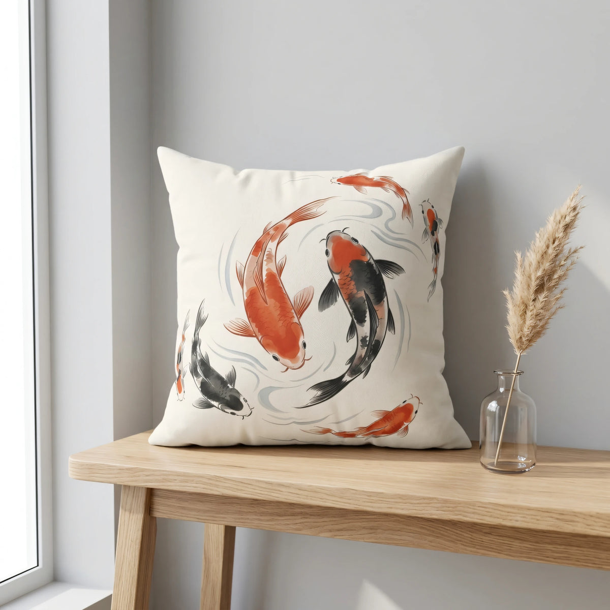 Watercolor Koi Fish Cushion Cover, lifestyle view.