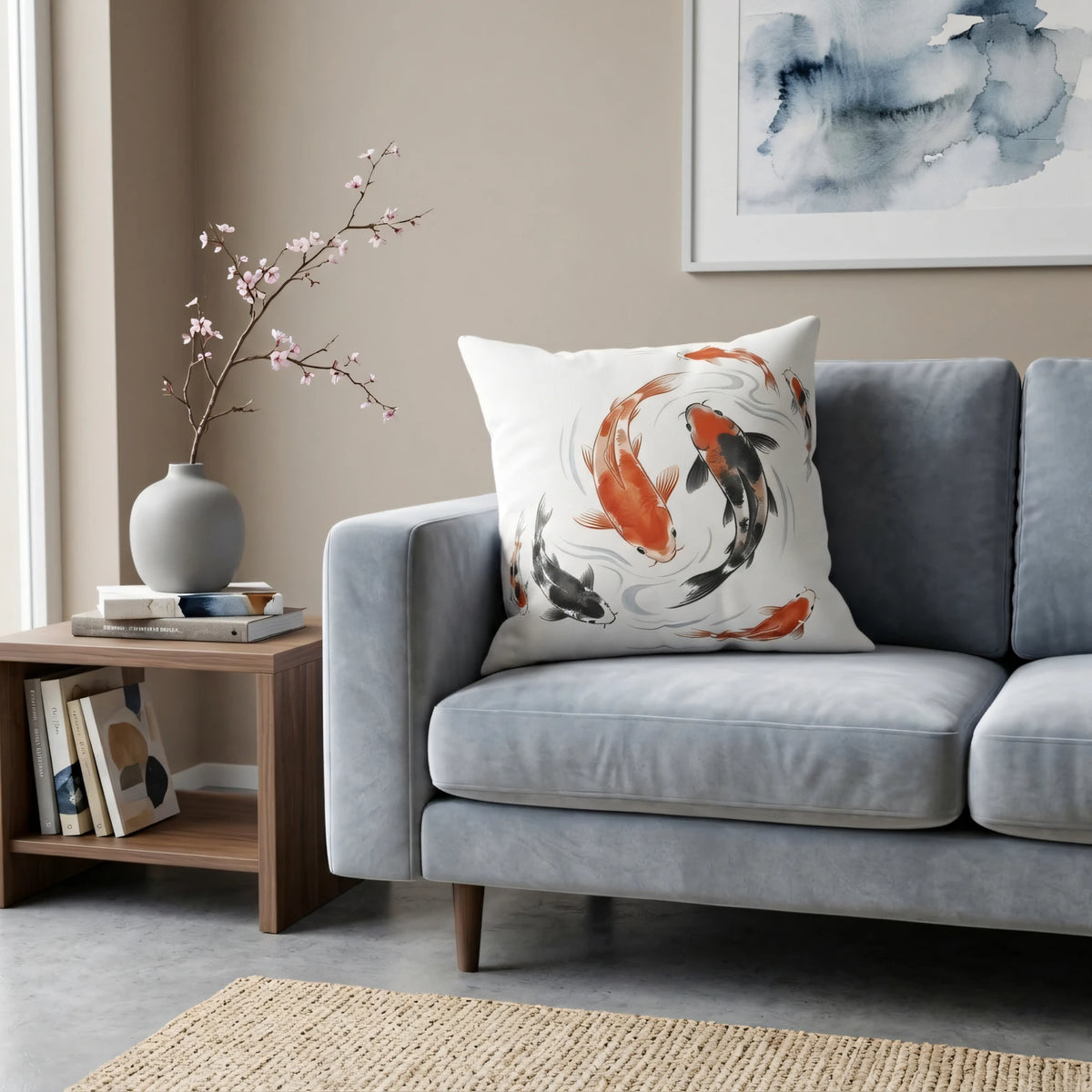 Watercolor Koi Fish Cushion Cover, lifestyle view.