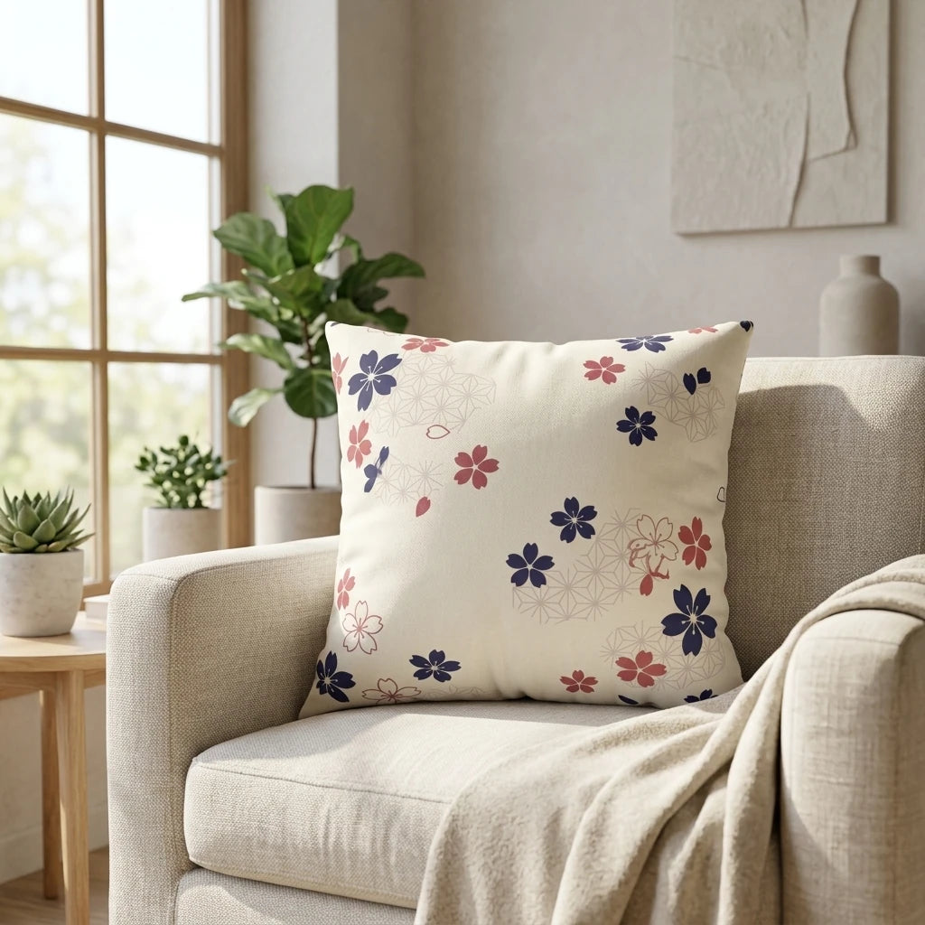 Cream throw pillow featuring navy and pink cherry blossom patterns on a neutral armchair in a bright, sunlit room with green plants.