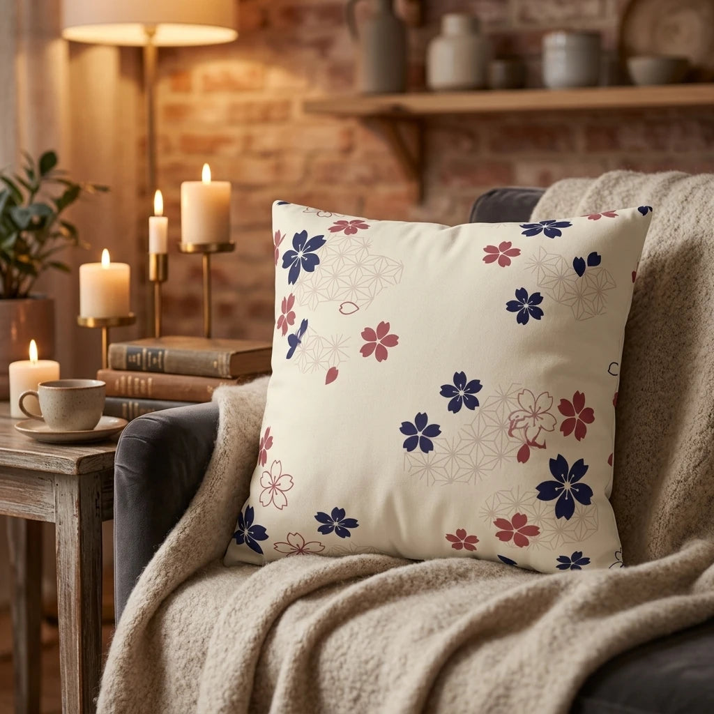 Cream throw pillow with navy and burgundy cherry blossom patterns on a cozy sofa next to lit candles, books, and a soft wool blanket.