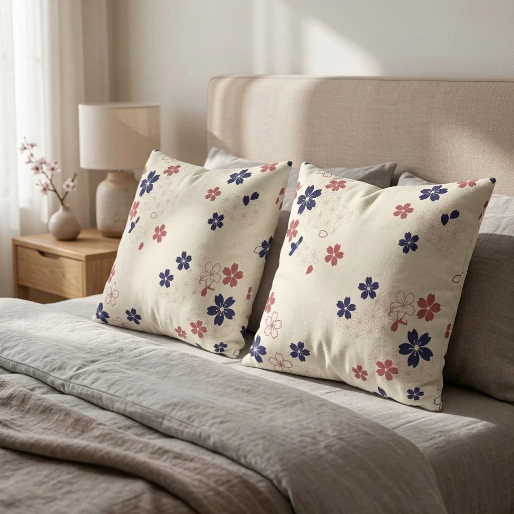 Two decorative cushions with navy and pink cherry blossom patterns on a cream background, styled on a cozy bed with neutral grey linens.