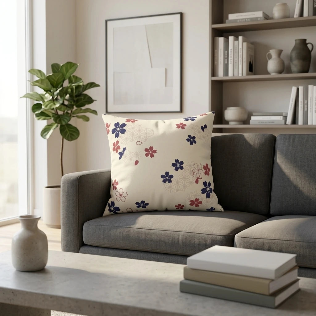 Cream decorative pillow with navy and red Japanese floral patterns on a gray couch in a bright, modern living room lifestyle setting.