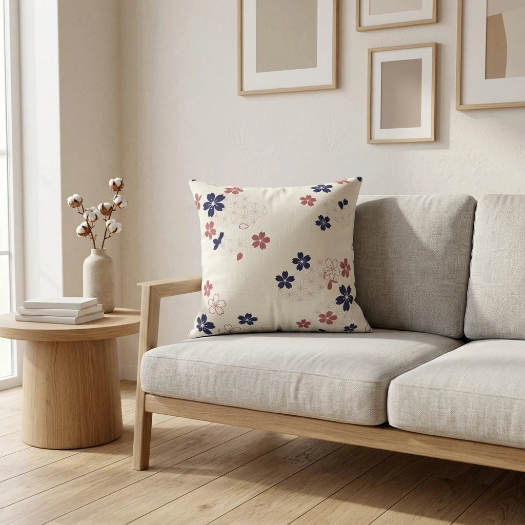 Cream throw pillow with navy and red floral cherry blossom patterns on a light wood sofa in a minimalist living room interior.