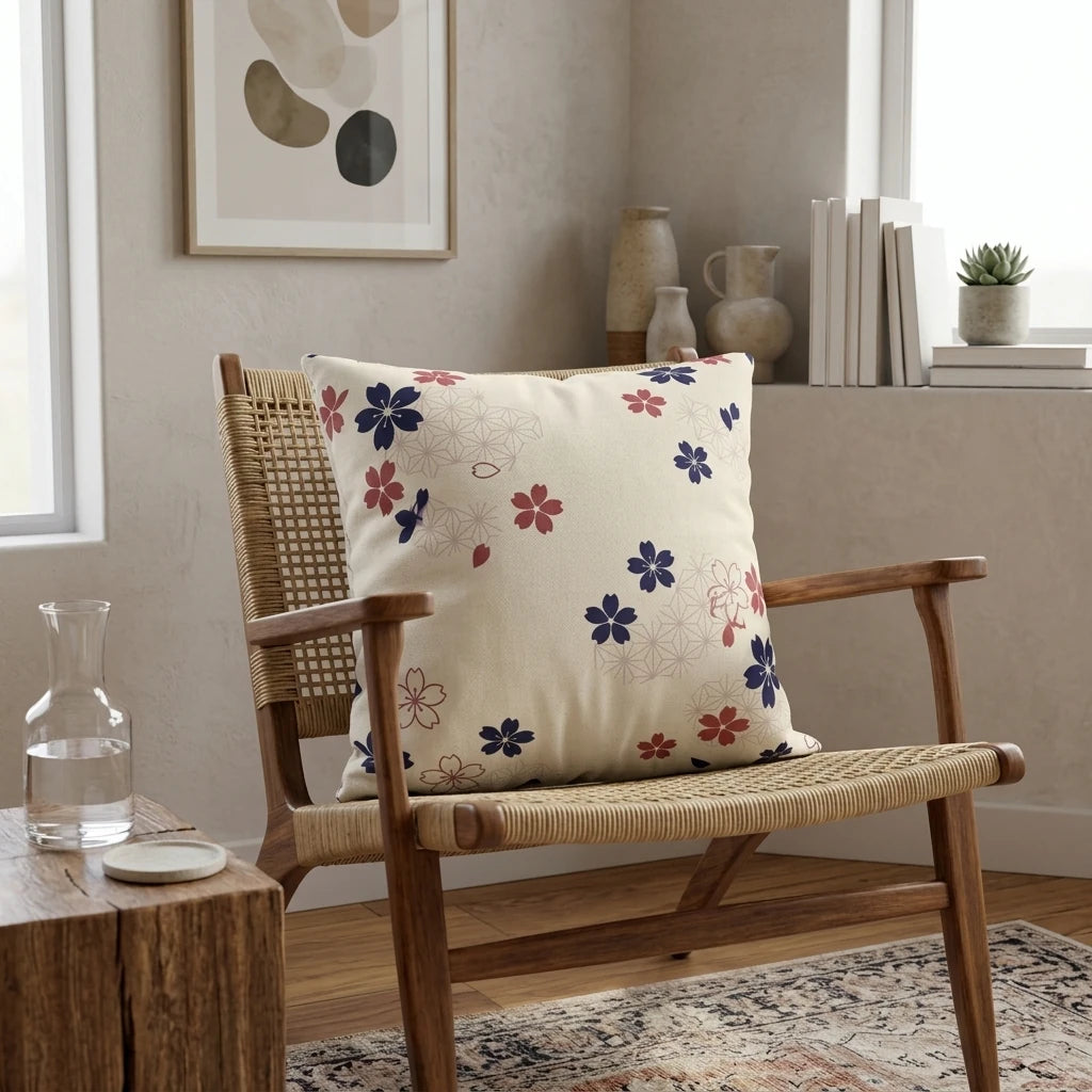 Decorative cushion with navy and red floral cherry blossom pattern on a woven wooden chair in a bright, minimalist modern home interior.