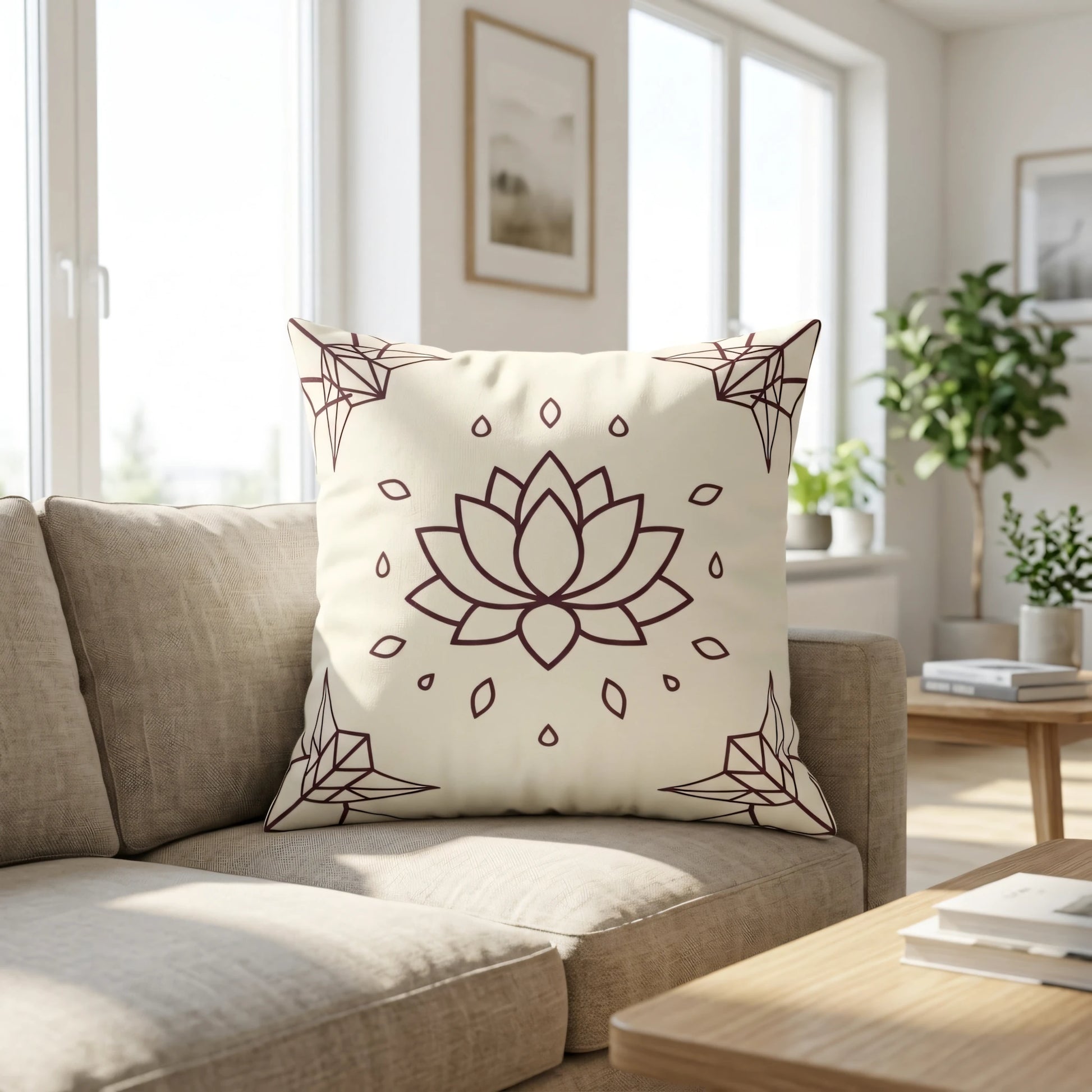 Cream throw pillow featuring a brown lotus mandala design, placed on a beige sofa in a bright, sunlit living room with potted plants.