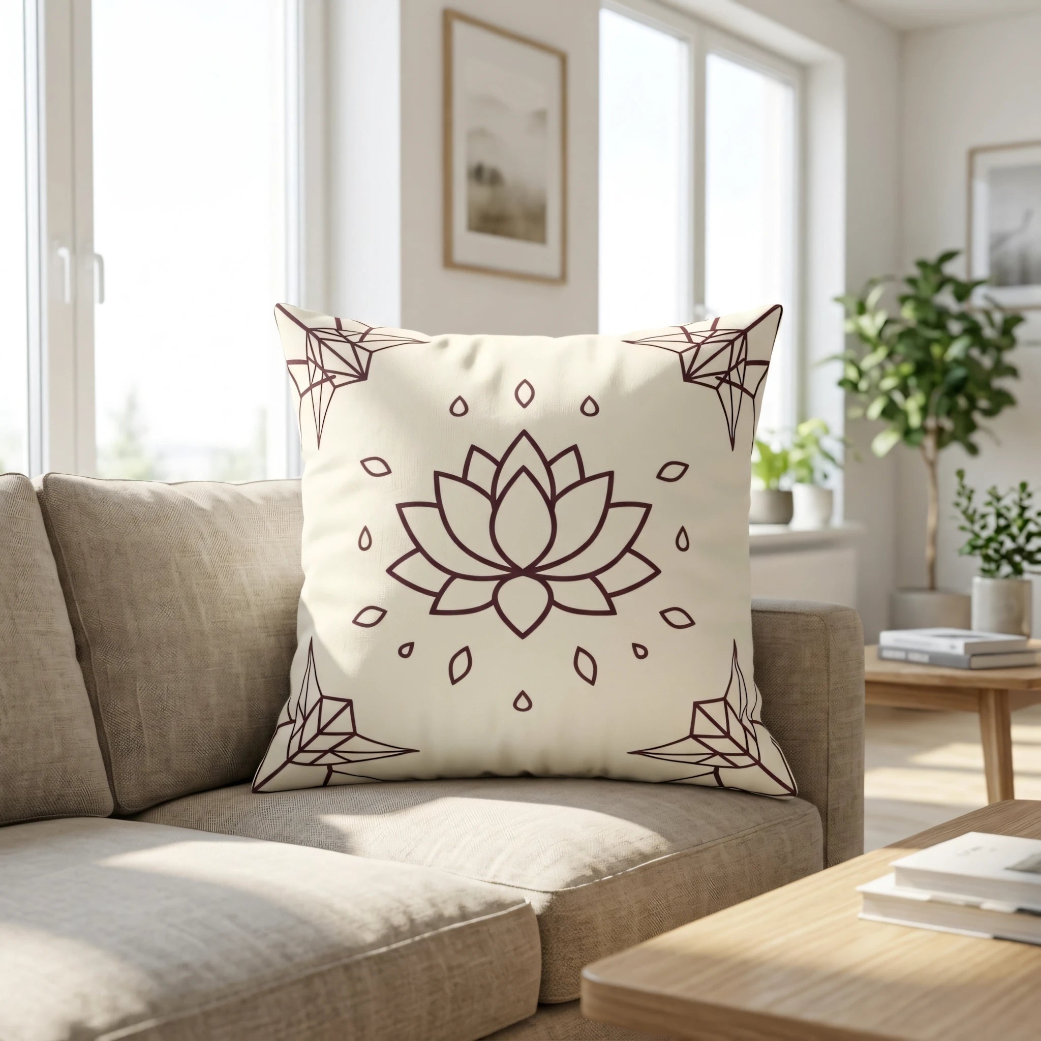 Cream throw pillow featuring a brown lotus mandala design, placed on a beige sofa in a bright, sunlit living room with potted plants.