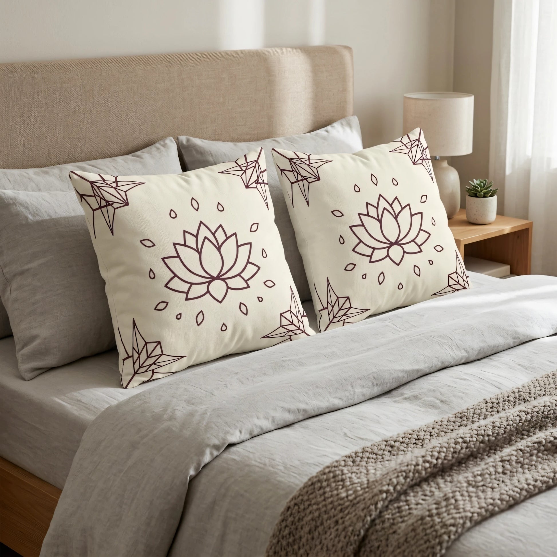 Two cream pillows with a burgundy lotus flower design on a bed with grey bedding, beige headboard, and wooden side table in a bright bedroom.