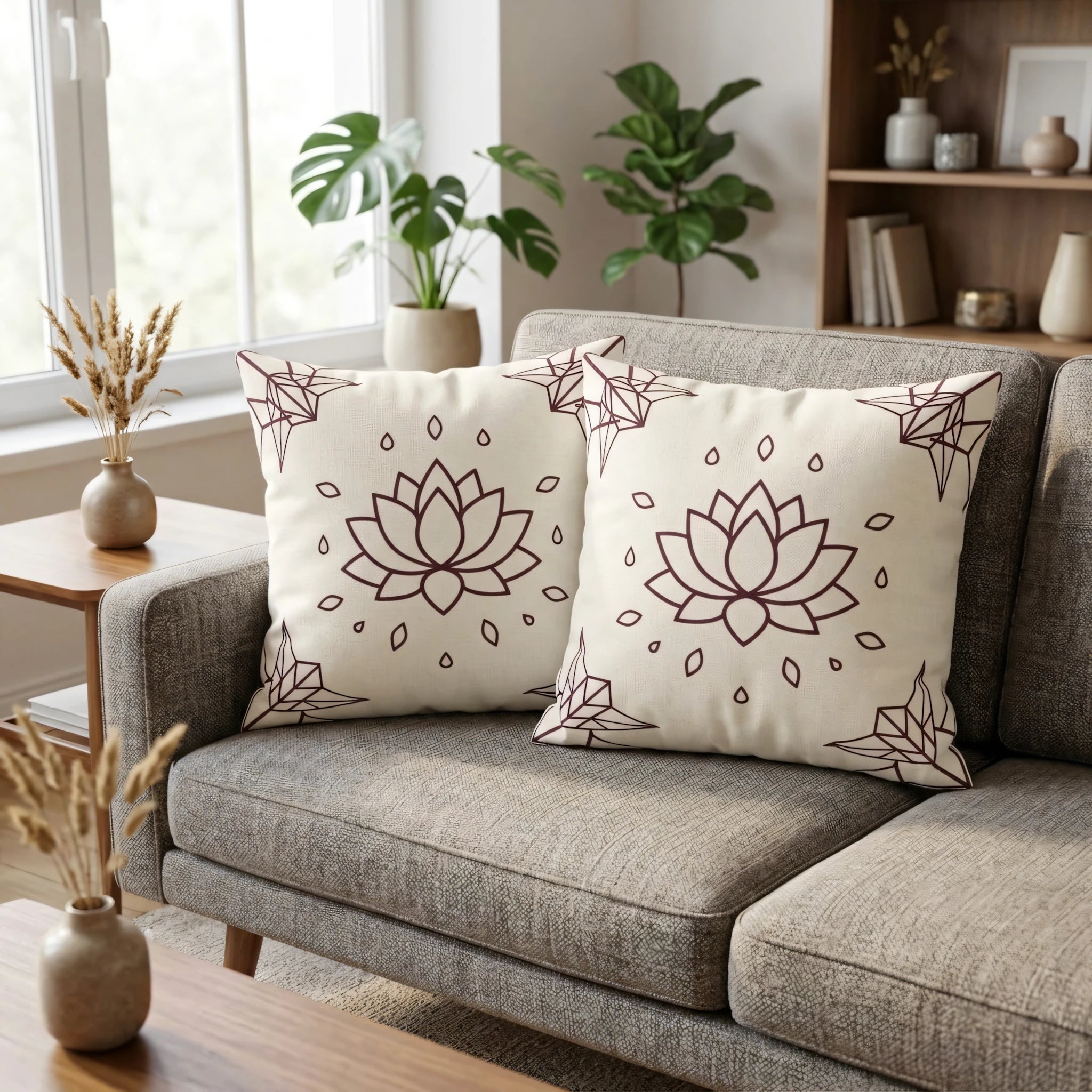 Pair of off-white lotus flower throw pillows on a textured gray couch in a sunlit modern living room with green plants and wood accents.
