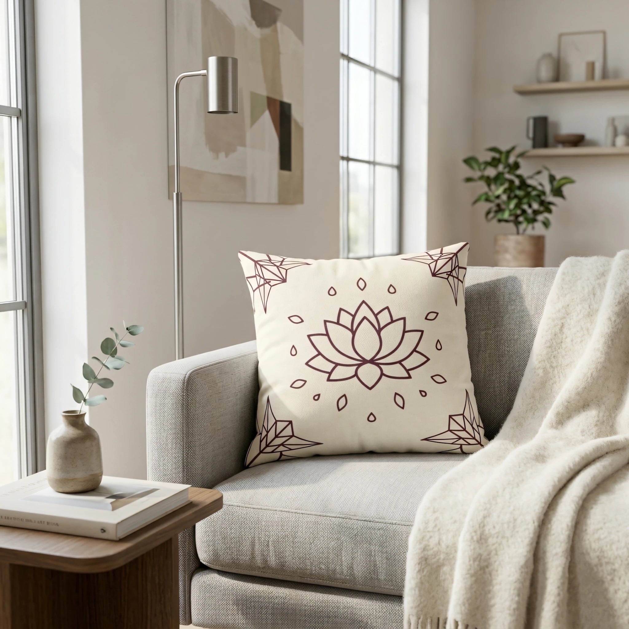 Cream throw pillow with a maroon lotus mandala design on a grey couch in a bright modern living room setting with a side table.