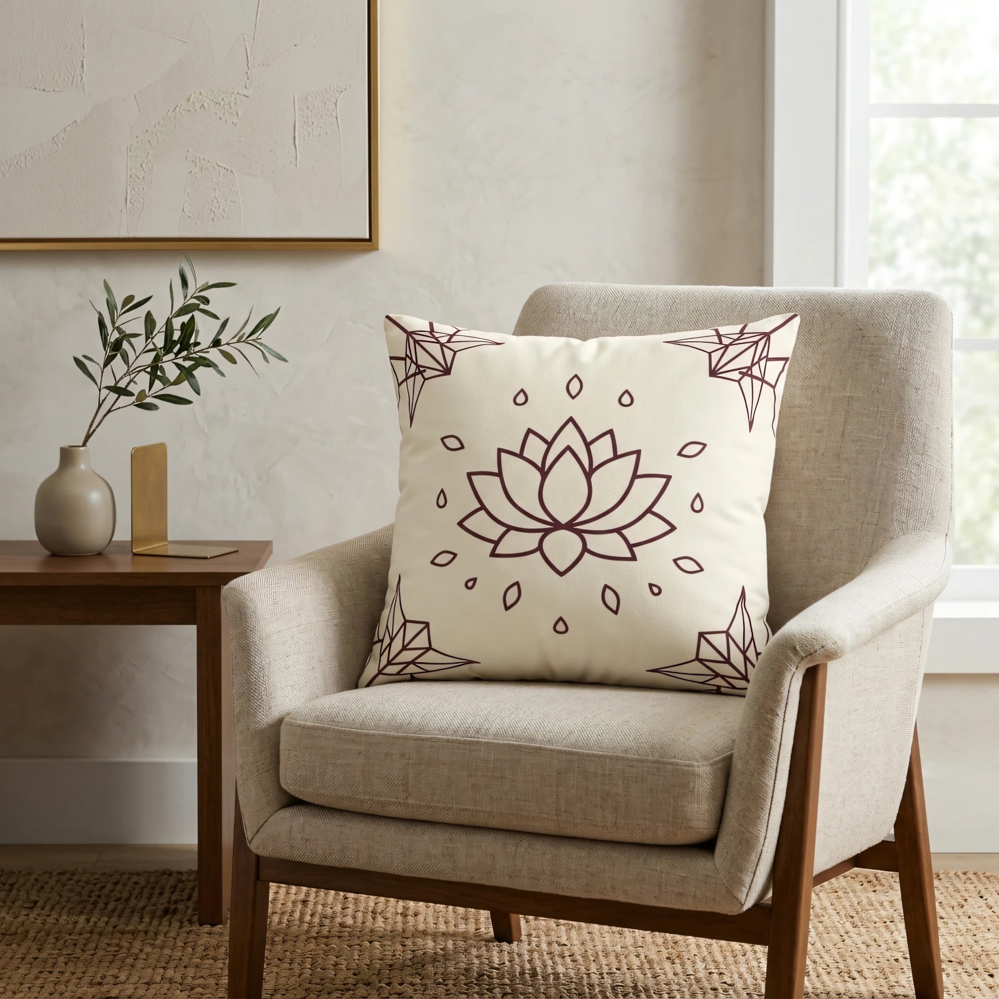 Burgundy lotus mandala cushion on a beige armchair in a modern living room with neutral decor and natural light.