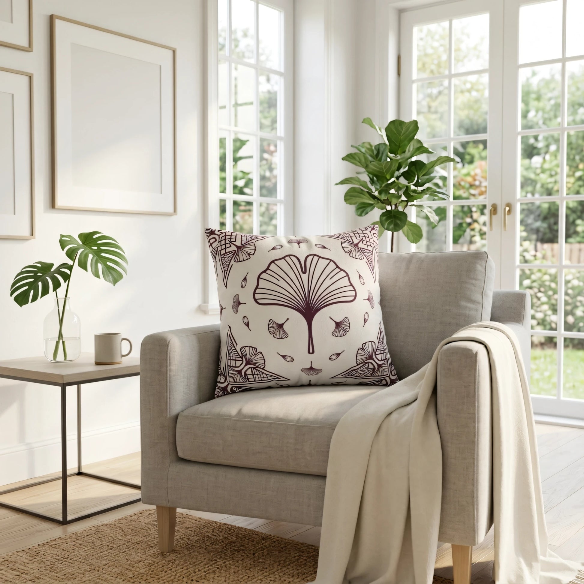 Cream decorative cushion with a maroon ginkgo leaf design on a grey armchair in a bright, sunlit modern living room.