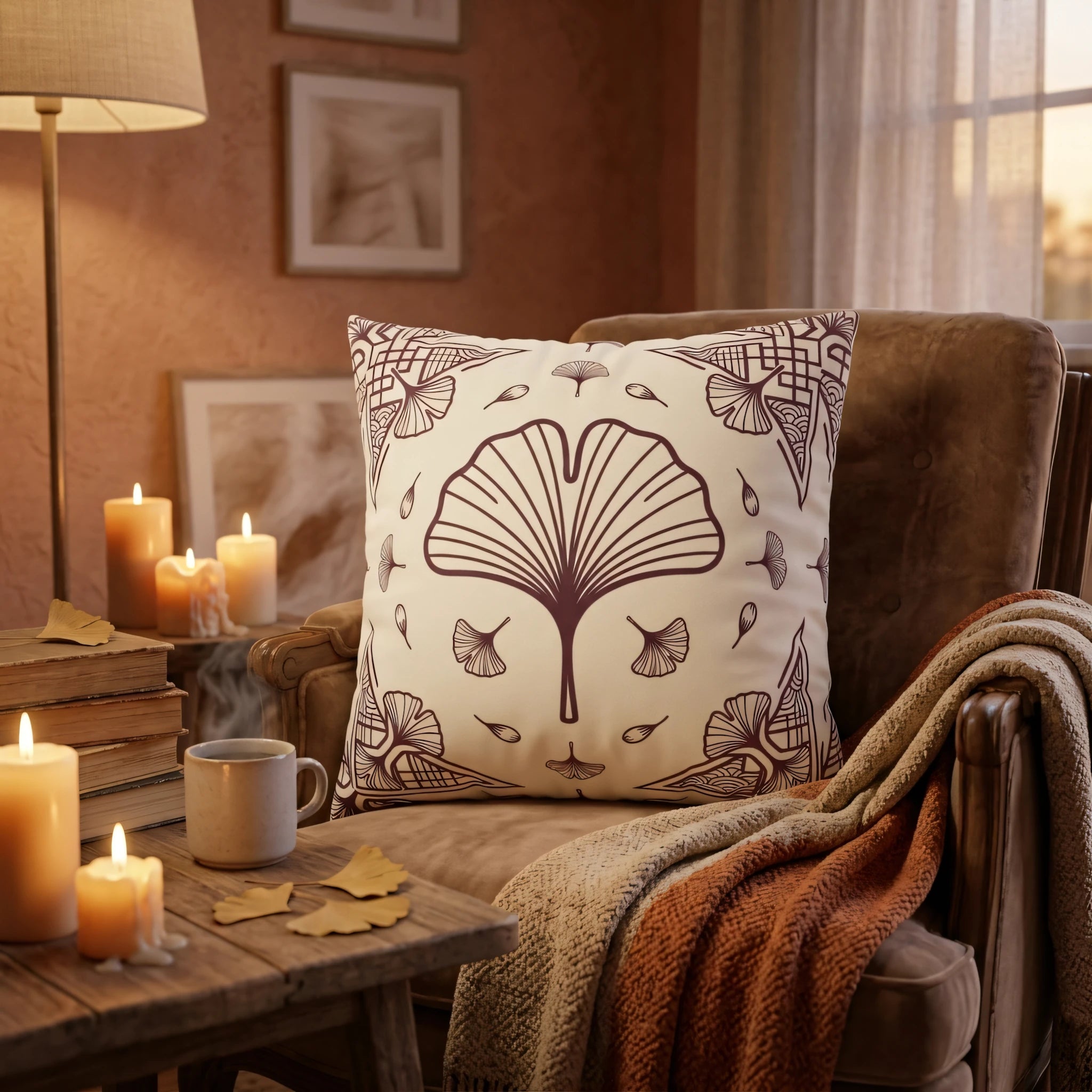 Cream throw pillow with a maroon ginkgo leaf design on a plush armchair in a cozy room with warm candlelight and blankets.