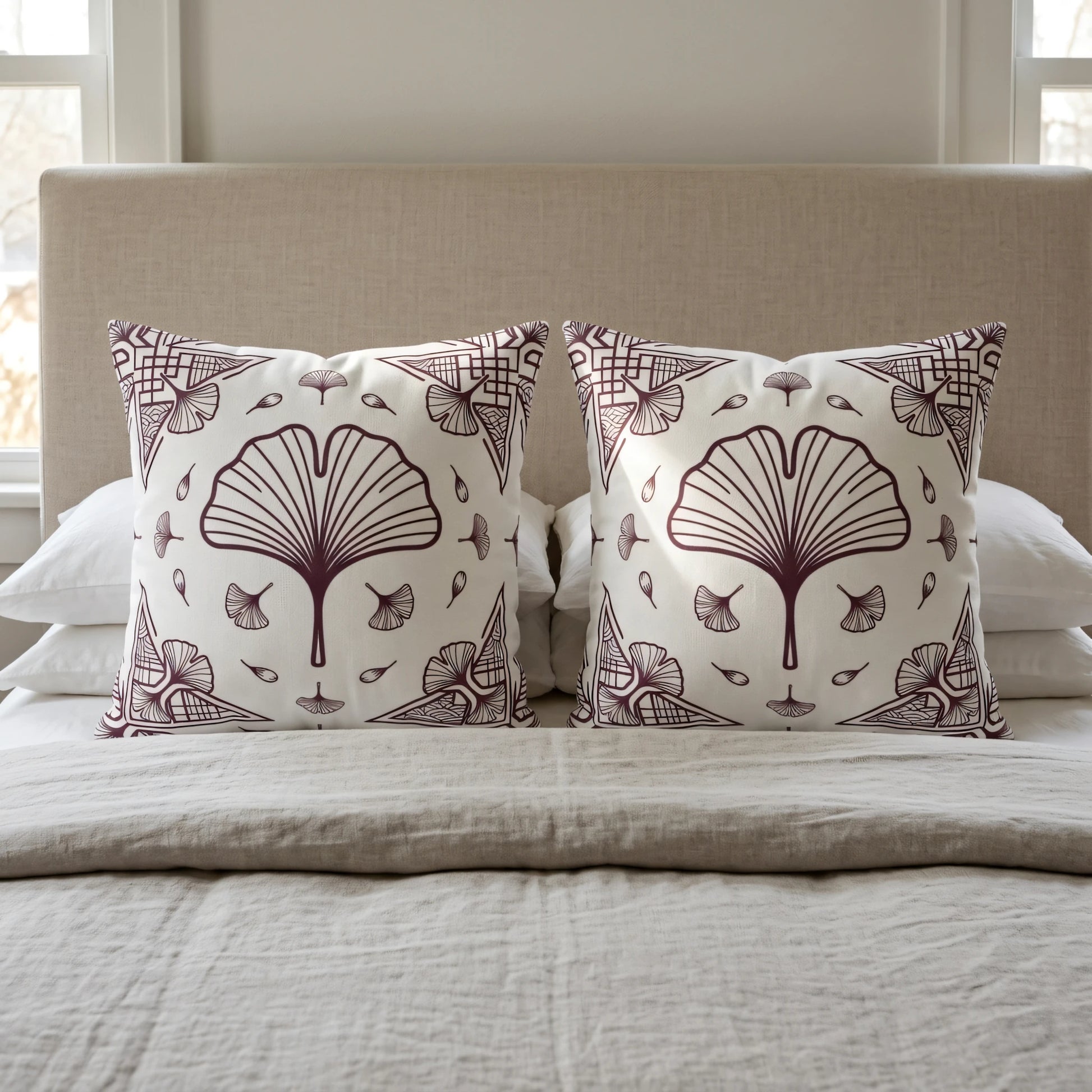 Pair of decorative pillows with a plum ginkgo leaf pattern on a bed with a beige headboard and linen bedding, elegant bedroom interior scene.