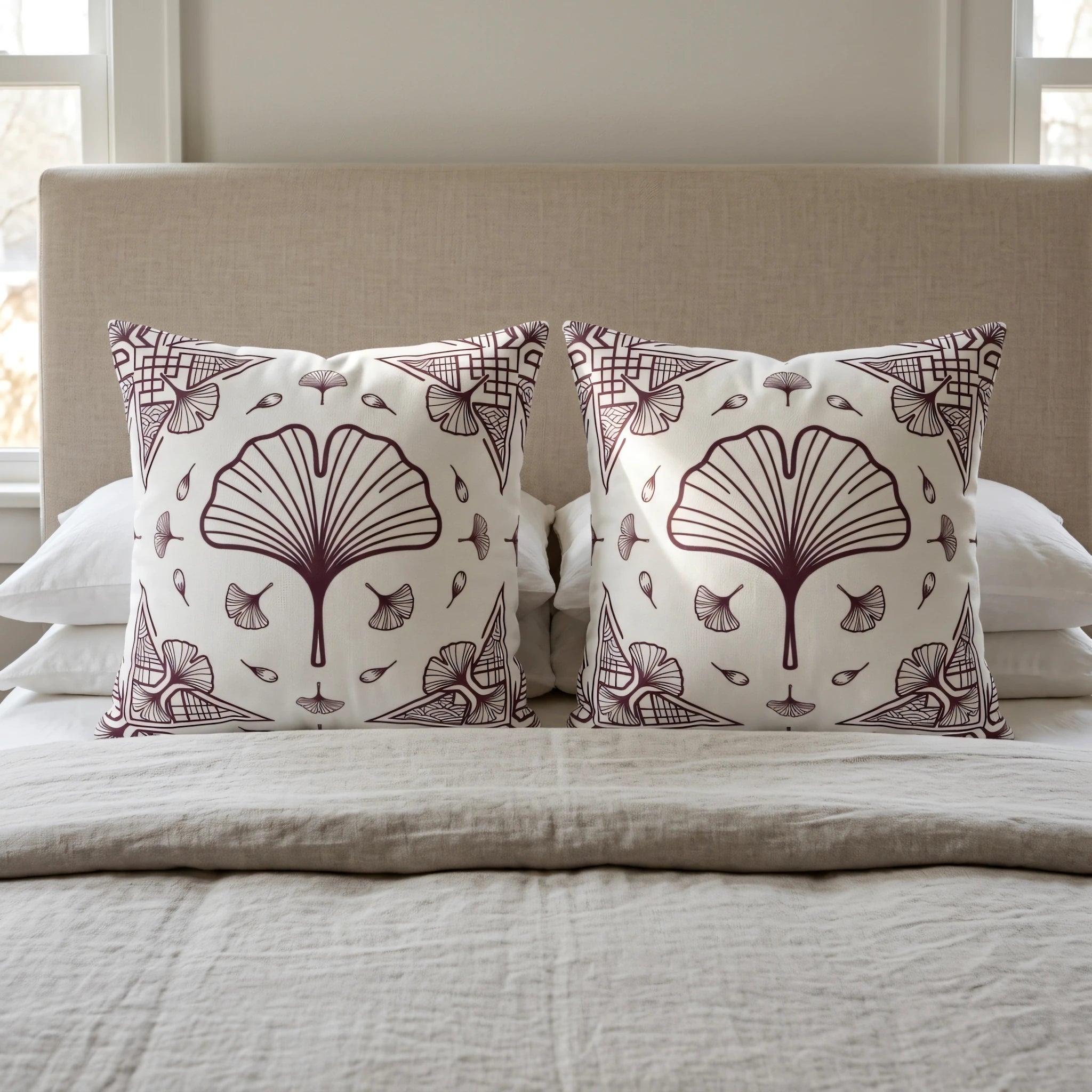 Pair of decorative pillows with a plum ginkgo leaf pattern on a bed with a beige headboard and linen bedding, elegant bedroom interior scene.