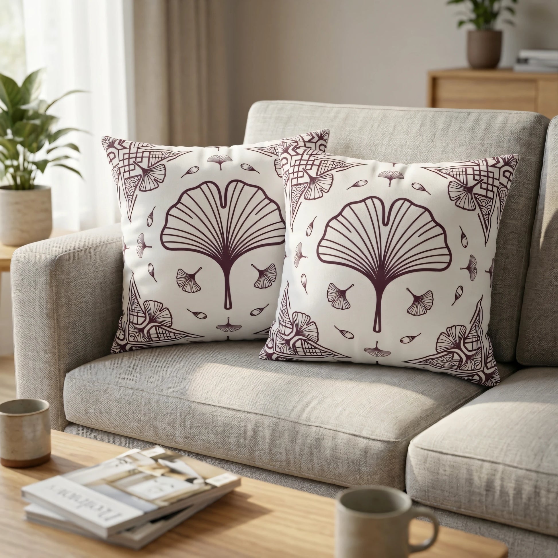Set of two white throw pillows with a burgundy ginkgo leaf print on a light gray couch in a sunlit modern living room.