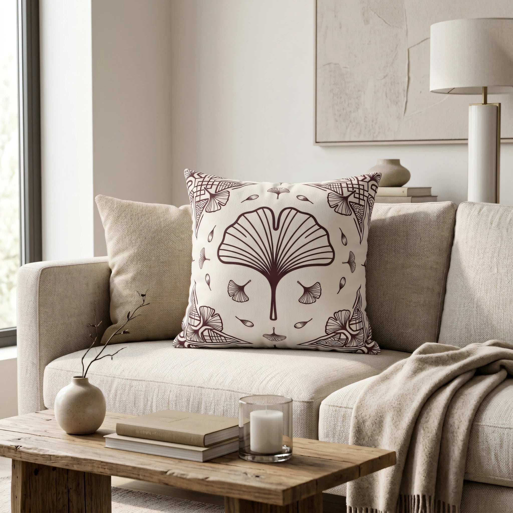 Throw pillow with a burgundy ginkgo leaf design on a beige sofa in a modern living room setting with a rustic wooden coffee table.