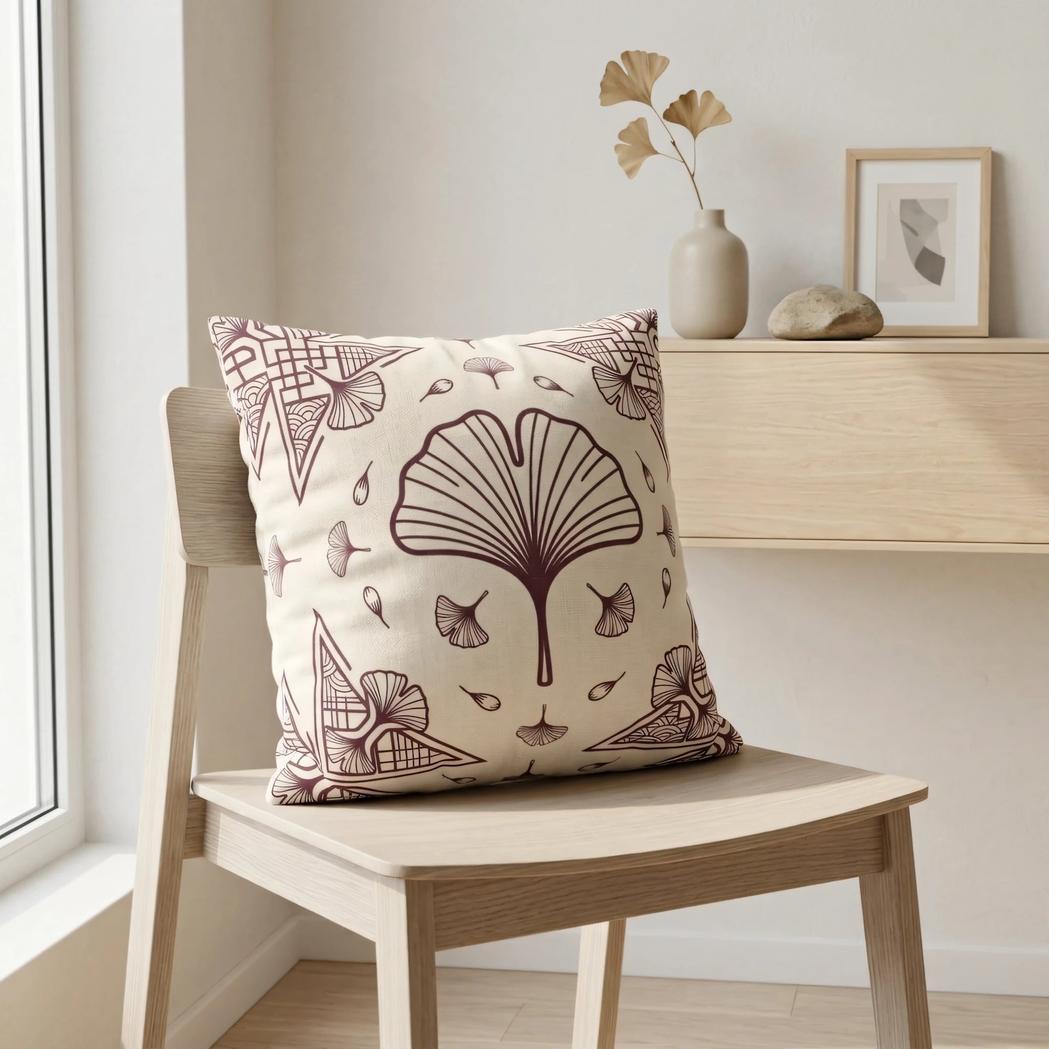 Cream throw pillow with burgundy ginkgo leaf pattern on a light wood chair in a minimalist interior with neutral decor and natural light.
