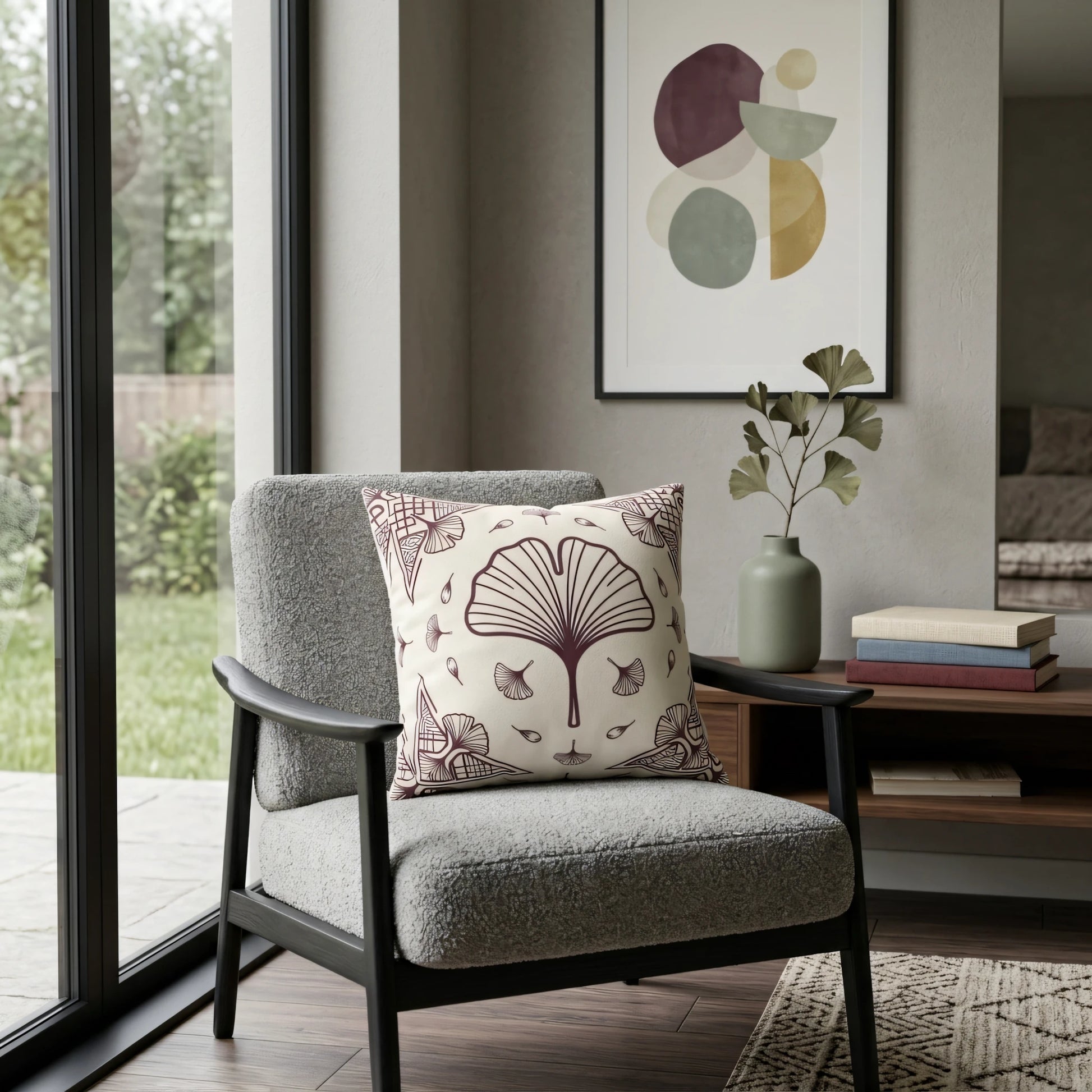 Cream cushion with maroon ginkgo leaf pattern on a grey armchair in a modern living room with wooden furniture and abstract wall art.
