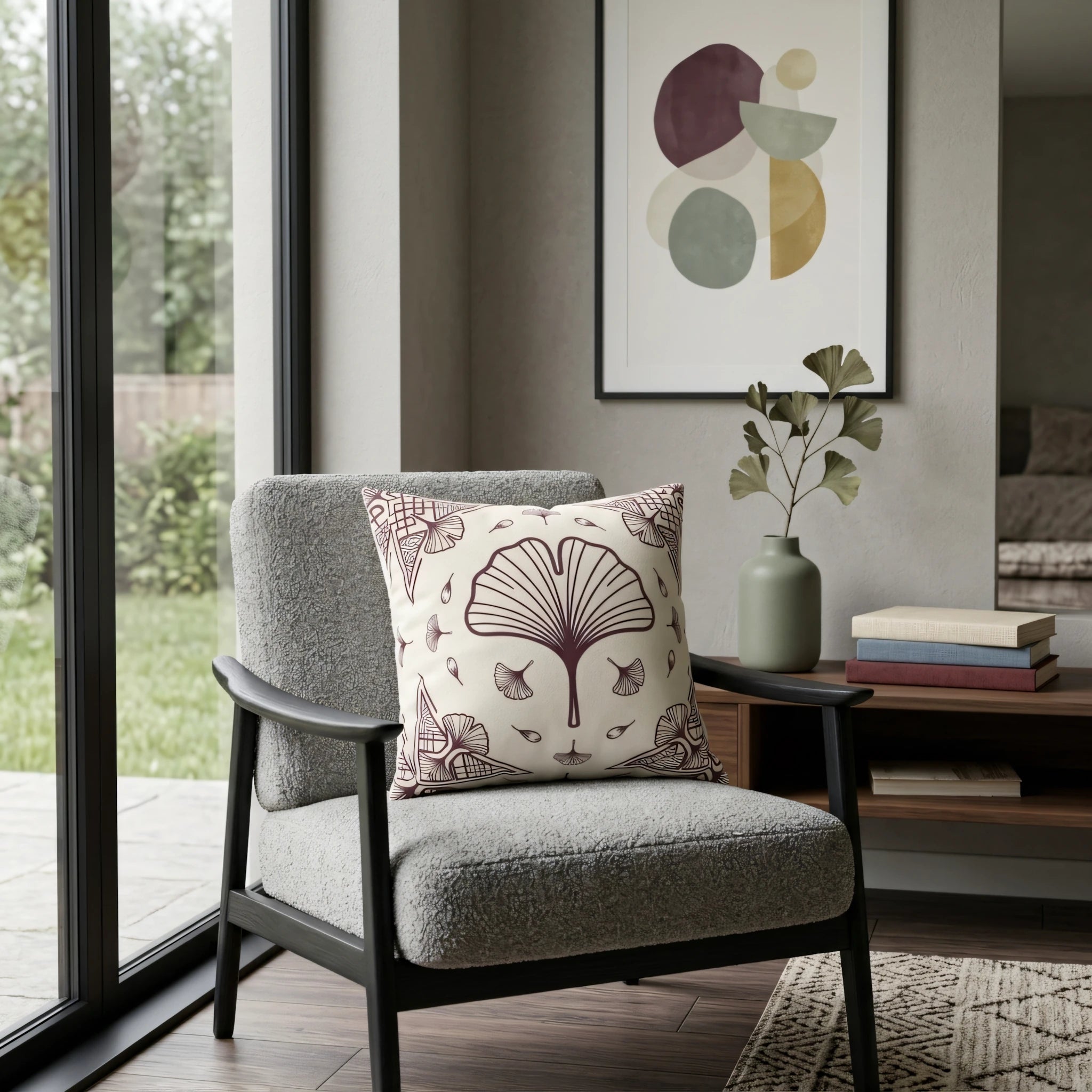 Cream cushion with maroon ginkgo leaf pattern on a grey armchair in a modern living room with wooden furniture and abstract wall art.