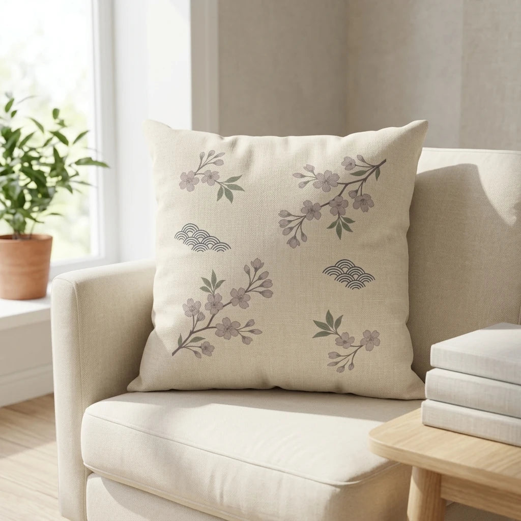Cream throw pillow featuring pink cherry blossoms and wave patterns on a beige armchair in a bright living room lifestyle setting.