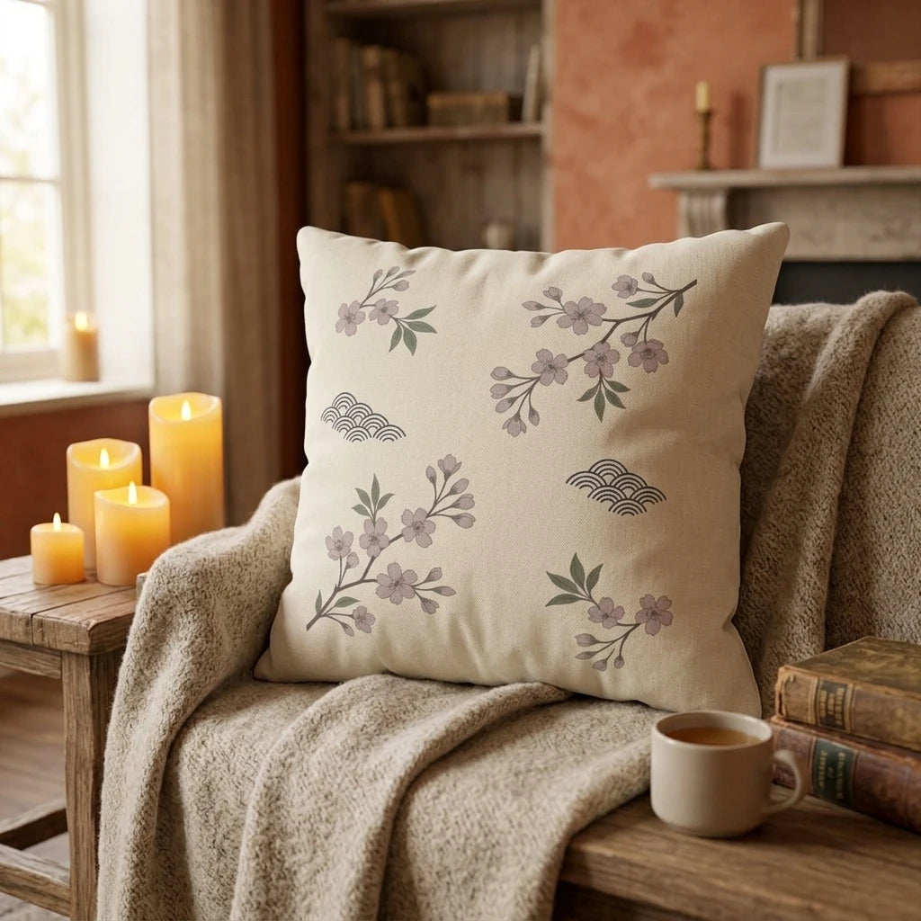 Decorative cream cushion with pink cherry blossoms and waves on a cozy armchair, surrounded by glowing candles and books in a warm living room.