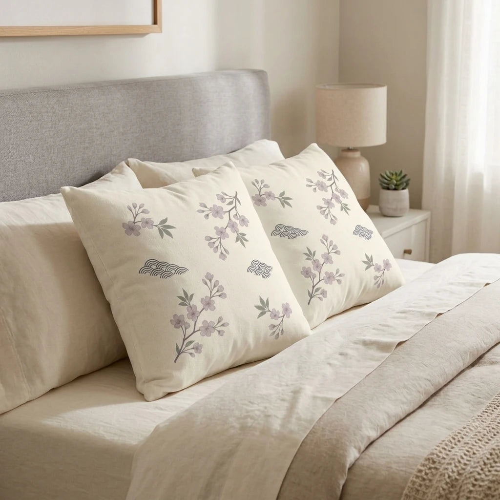 Duo of cream cushions with purple cherry blossom and wave patterns on a cozy bed with beige linens and a gray fabric headboard.