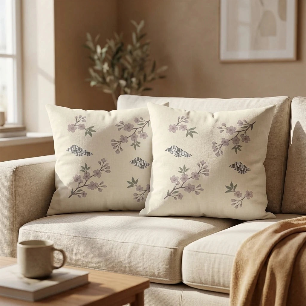 Two cream pillows with pink cherry blossoms and blue wave patterns on a neutral sofa in a minimalist living room setting.