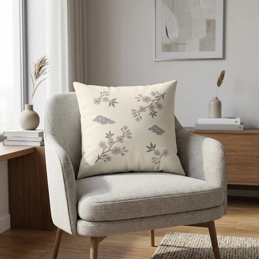Decorative cream throw pillow with pink cherry blossoms and wave patterns on a gray armchair in a modern minimalist living room.