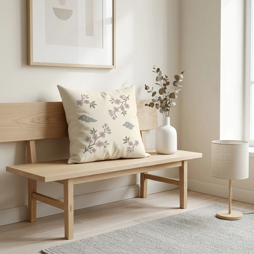 Cream floral cushion with pink sakura branches on a light wood bench in a minimalist room, featuring a white vase and soft home decor.